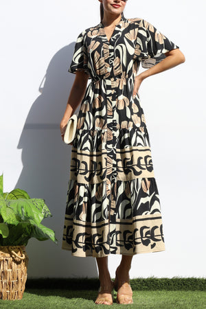 DD7940, PRINTED BUTTON DOWN MIDI DRESS