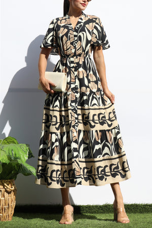 DD7940, PRINTED BUTTON DOWN MIDI DRESS