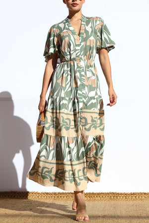 DD7940, PRINTED BUTTON DOWN MIDI DRESS