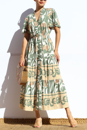 DD7940, PRINTED BUTTON DOWN MIDI DRESS