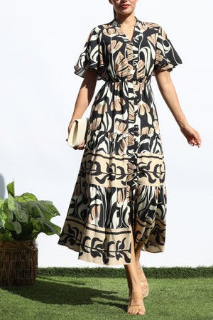 DD7940, PRINTED BUTTON DOWN MIDI DRESS
