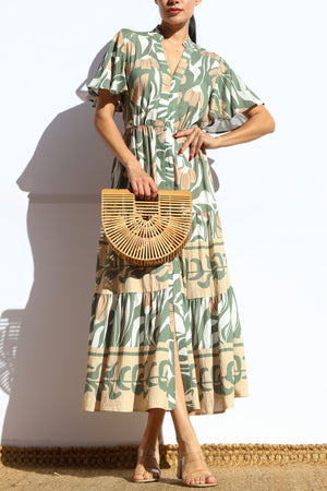 DD7940, PRINTED BUTTON DOWN MIDI DRESS