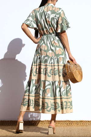 DD7940, PRINTED BUTTON DOWN MIDI DRESS
