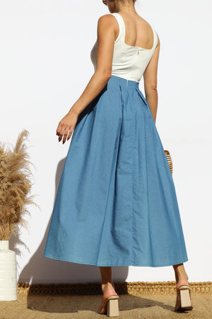 DD8100, SQUARE NECK DENIM MIDI DRESS