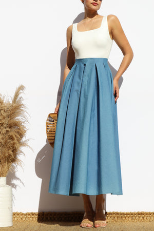 DD8100, SQUARE NECK DENIM MIDI DRESS