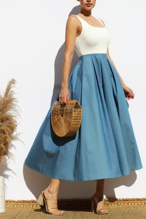 DD8100, SQUARE NECK DENIM MIDI DRESS