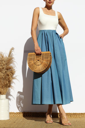 DD8100, SQUARE NECK DENIM MIDI DRESS
