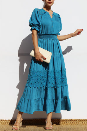 DD8101, LACE BUTTON DOWN TIERED MIDI DRESS