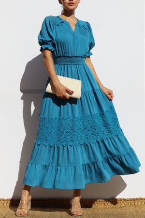 DD8101, LACE BUTTON DOWN TIERED MIDI DRESS
