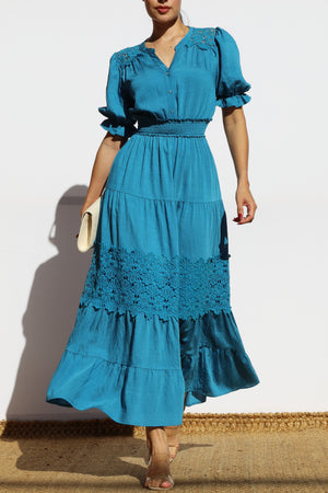 DD8101, LACE BUTTON DOWN TIERED MIDI DRESS