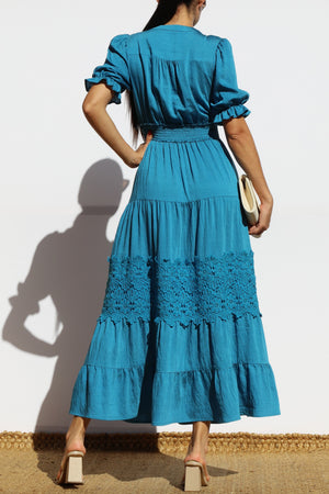 DD8101, LACE BUTTON DOWN TIERED MIDI DRESS