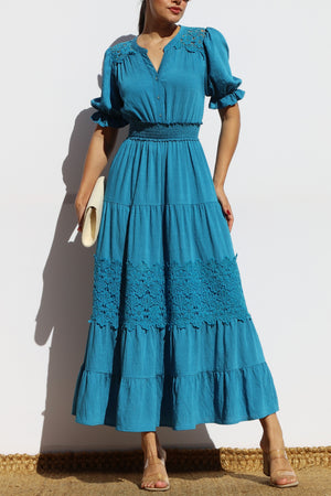 DD8101, LACE BUTTON DOWN TIERED MIDI DRESS