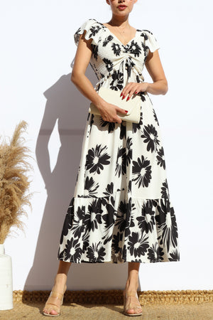 DD8112, FLORAL SMOCKED TOP RUFFLED MIDI DRESS