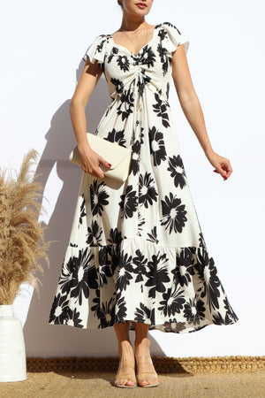 DD8112, FLORAL SMOCKED TOP RUFFLED MIDI DRESS
