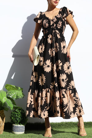 DD8112, FLORAL SMOCKED TOP RUFFLED MIDI DRESS