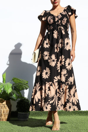 DD8112, FLORAL SMOCKED TOP RUFFLED MIDI DRESS