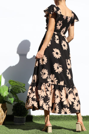 DD8112, FLORAL SMOCKED TOP RUFFLED MIDI DRESS