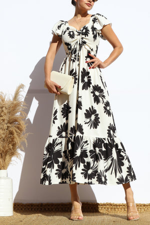 DD8112, FLORAL SMOCKED TOP RUFFLED MIDI DRESS