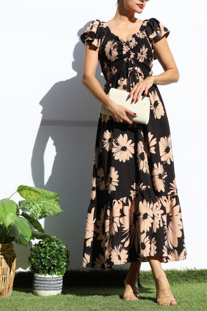DD8112, FLORAL SMOCKED TOP RUFFLED MIDI DRESS