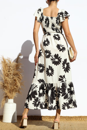 DD8112, FLORAL SMOCKED TOP RUFFLED MIDI DRESS