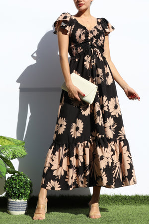 DD8112, FLORAL SMOCKED TOP RUFFLED MIDI DRESS