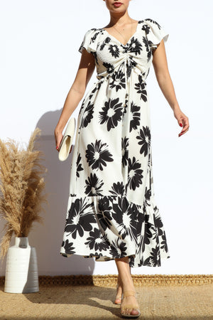 DD8112, FLORAL SMOCKED TOP RUFFLED MIDI DRESS