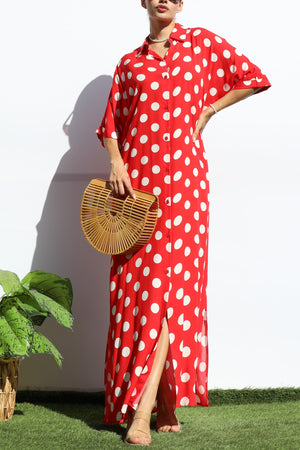 DD7869, POLKA DOT BUTTON DOWN SHIRT DRESS