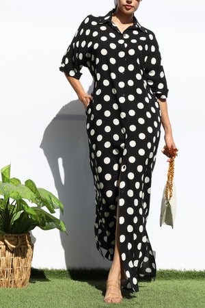 DD7869, POLKA DOT BUTTON DOWN SHIRT DRESS