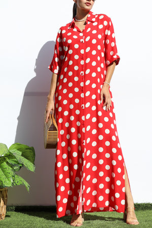 DD7869, POLKA DOT BUTTON DOWN SHIRT DRESS