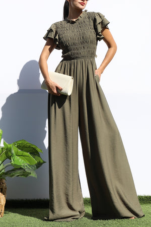 DD7851, SMOCKED TOP RUFFLE SLEEVE JUMPSUIT