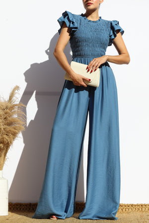 DD7851, SMOCKED TOP RUFFLE SLEEVE JUMPSUIT