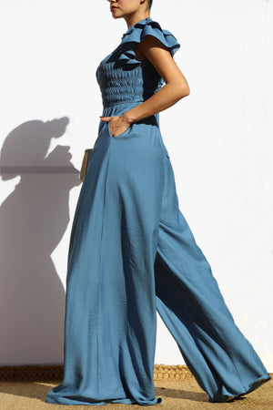 DD7851, SMOCKED TOP RUFFLE SLEEVE JUMPSUIT