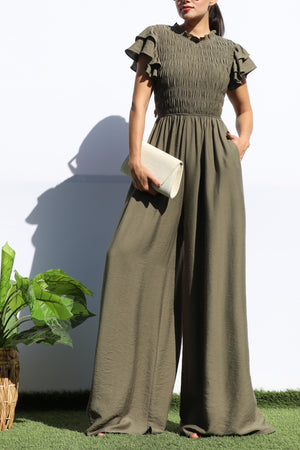 DD7851, SMOCKED TOP RUFFLE SLEEVE JUMPSUIT