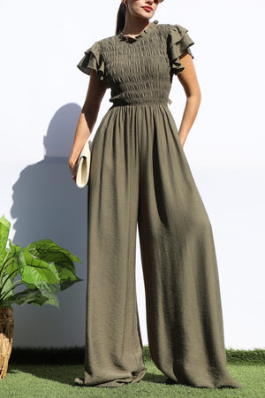 DD7851, SMOCKED TOP RUFFLE SLEEVE JUMPSUIT