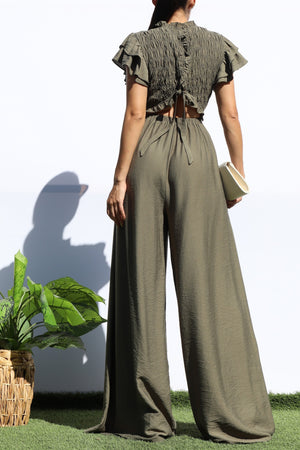 DD7851, SMOCKED TOP RUFFLE SLEEVE JUMPSUIT