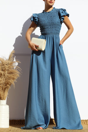 DD7851, SMOCKED TOP RUFFLE SLEEVE JUMPSUIT