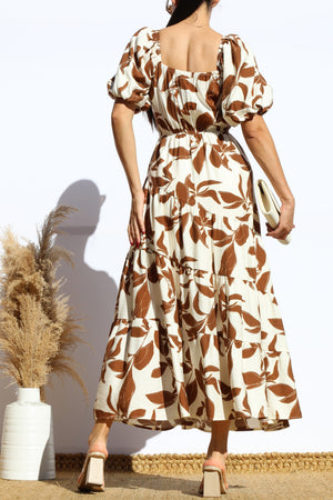 DD7864, BUBBLE SLEEVE V NECK TIERED MIDI DRESS