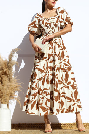 DD7864, BUBBLE SLEEVE V NECK TIERED MIDI DRESS