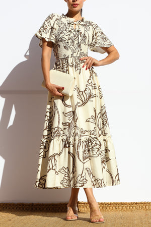 DD7902, PRINTED SMOCKED TOP MIDI DRESS