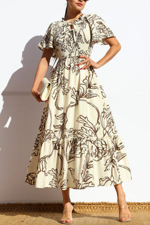 DD7902, PRINTED SMOCKED TOP MIDI DRESS