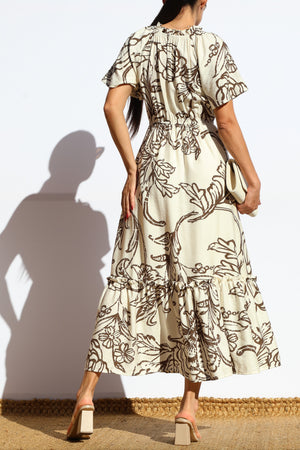 DD7902, PRINTED SMOCKED TOP MIDI DRESS