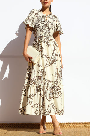 DD7902, PRINTED SMOCKED TOP MIDI DRESS