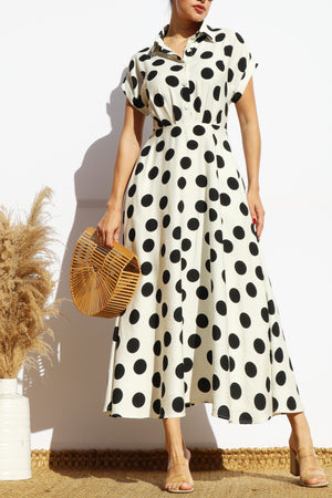 DD7881, POLKA DOT BUTTON DOWN MIDI DRESS