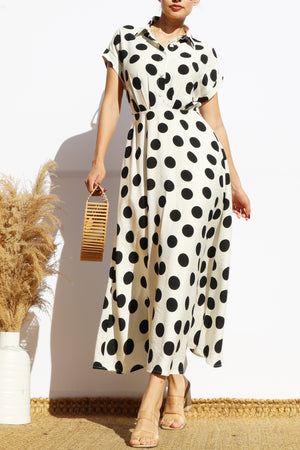 DD7881, POLKA DOT BUTTON DOWN MIDI DRESS