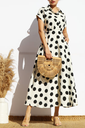 DD7881, POLKA DOT BUTTON DOWN MIDI DRESS