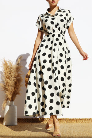 DD7881, POLKA DOT BUTTON DOWN MIDI DRESS