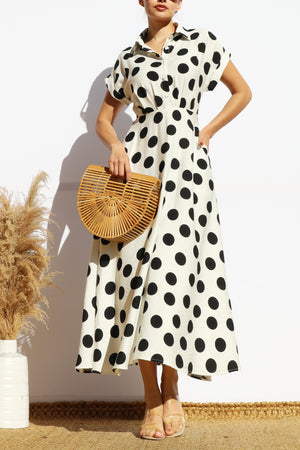 DD7881, POLKA DOT BUTTON DOWN MIDI DRESS