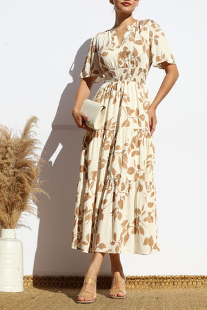 DD7914, PRINTED V NECK TIERED MIDI DRESS