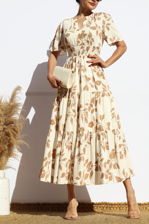 DD7914, PRINTED V NECK TIERED MIDI DRESS