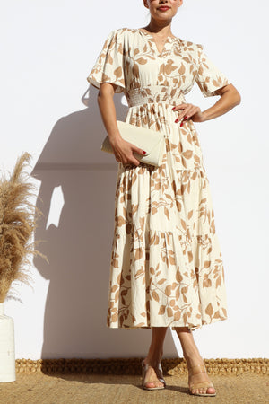 DD7914, PRINTED V NECK TIERED MIDI DRESS